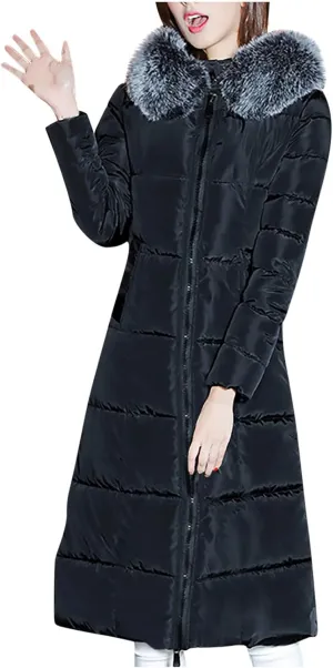 Women's Long Down Coat Winter Maxi Puffer Jacket with Fur Collar Thickened Parka Long Maxi Outdoor Overcoat Outwear