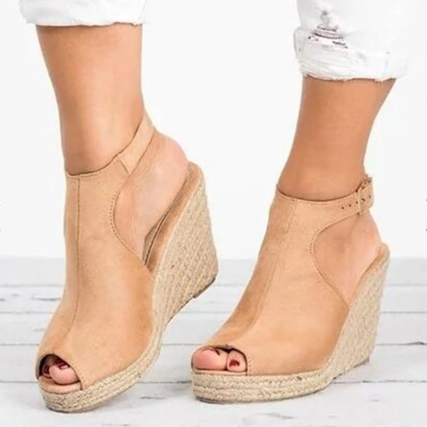 Womens Open Toe Buckle Ankle Strap Espadrille Platform Wedge Sandals Dressy Summer Wedge Cork Sole Summer Shoes High Heels Sandals
