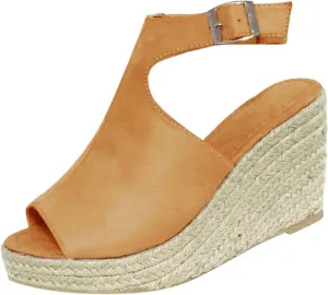 Womens Open Toe Buckle Ankle Strap Espadrille Platform Wedge Sandals Dressy Summer Wedge Cork Sole Summer Shoes High Heels Sandals
