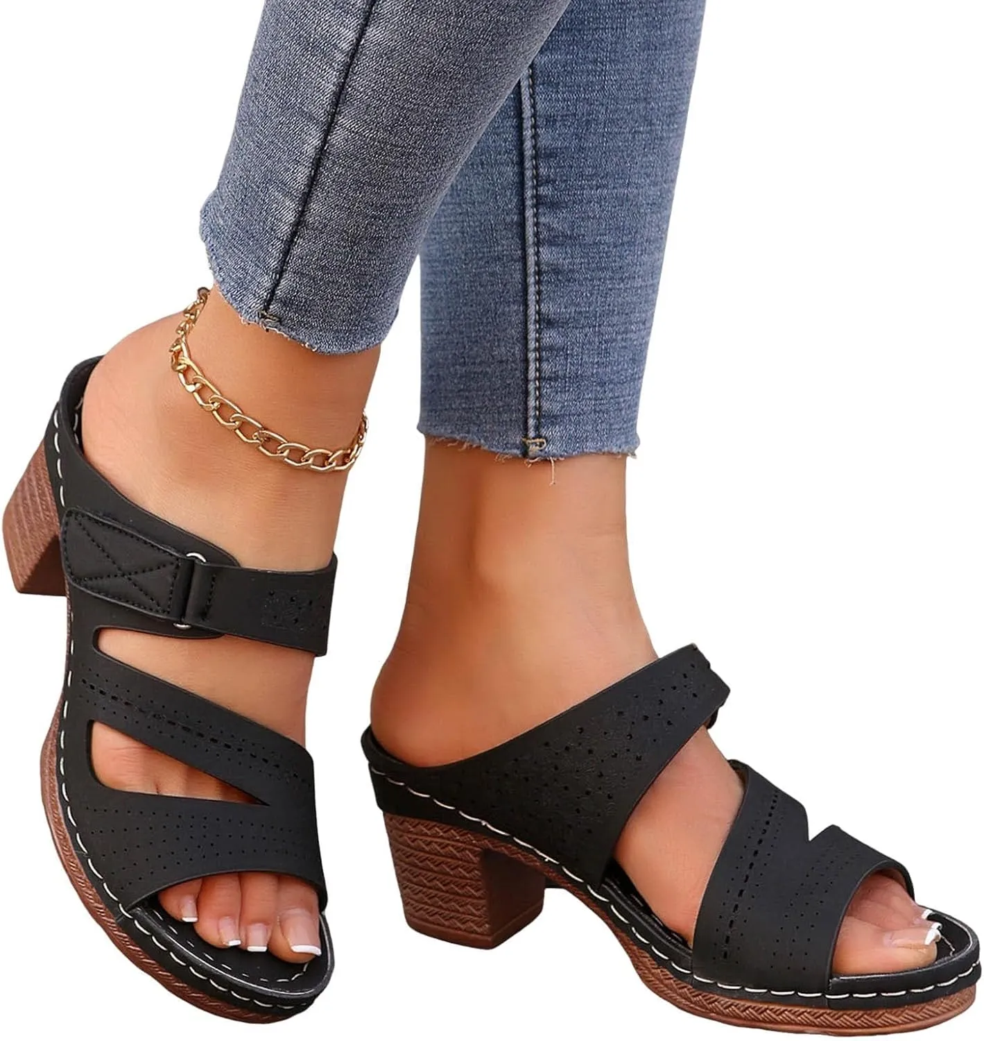 Womens Open Toe Sandals Summer Casual Non Slip Slippers Orthopedic Chunky Low Heels Open Toe Casual Summer Dressy Walking Beach Slippers Hollow Out Shoes