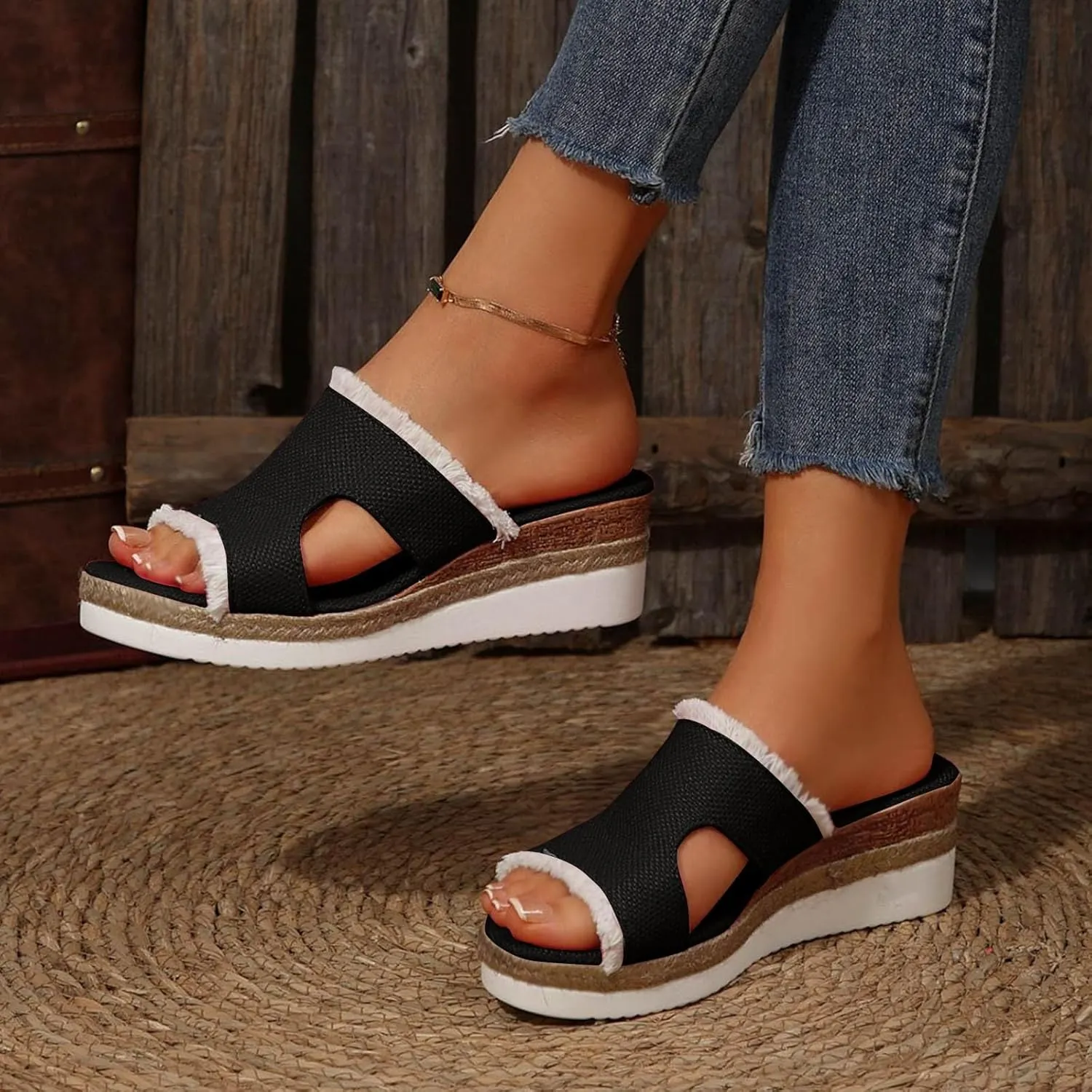 Women's Orthopedic Arch Support Platform Wedge Sandals 2025 Open Toe Slip-On Slides Wedge Heel Platform Comfortable Woven Espadrilles Slippers Wide Width Walking Dress Shoes for Party