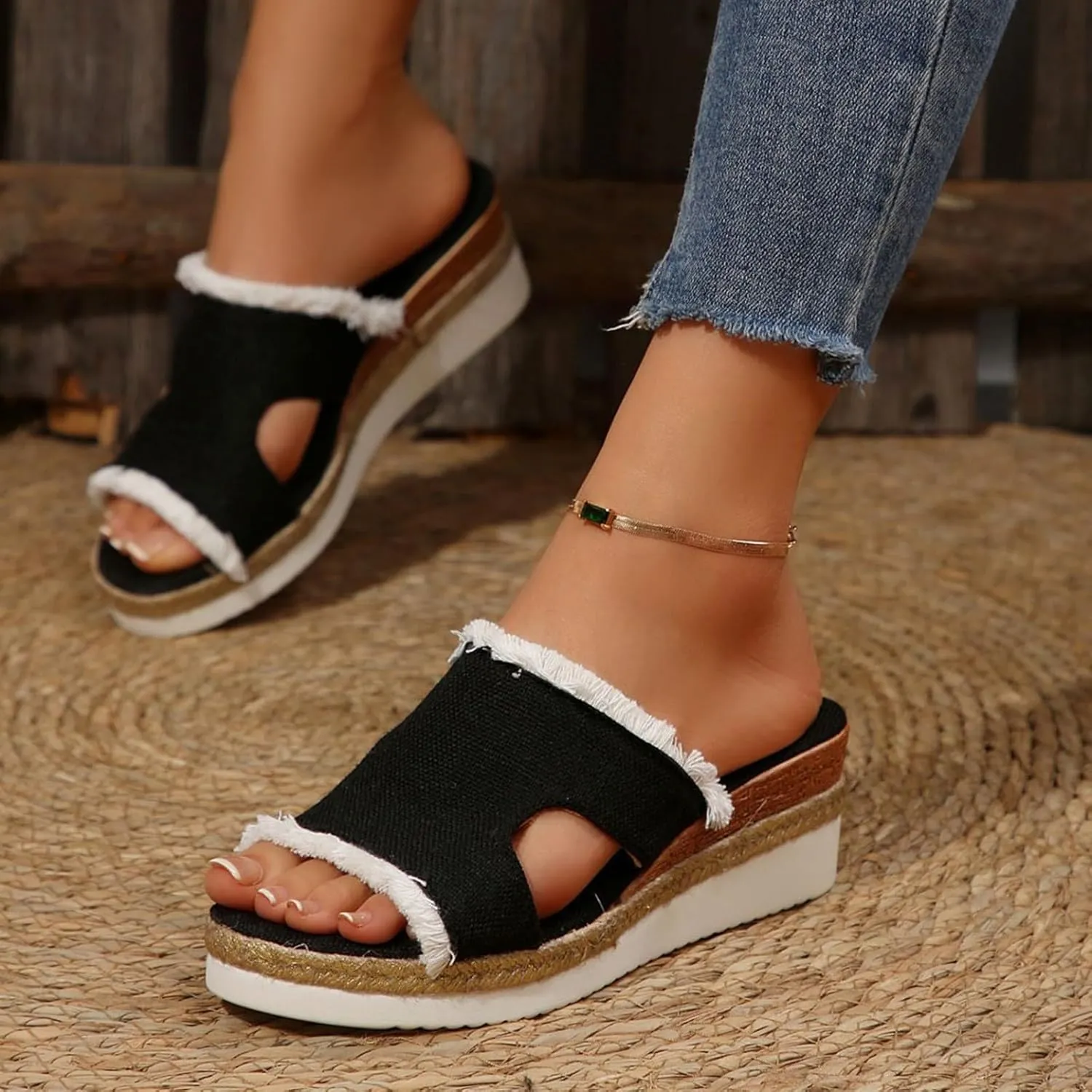Women's Orthopedic Arch Support Platform Wedge Sandals 2025 Open Toe Slip-On Slides Wedge Heel Platform Comfortable Woven Espadrilles Slippers Wide Width Walking Dress Shoes for Party