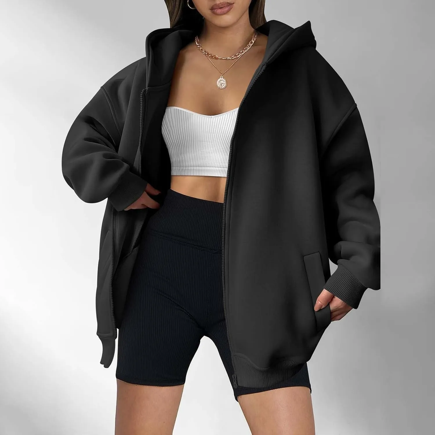 Women's Oversized Zip Up Hoodies Fleece Jacket Casual 2024 Fall Winter Hooded Sweatshirts Drawstring Y2K Hoodie