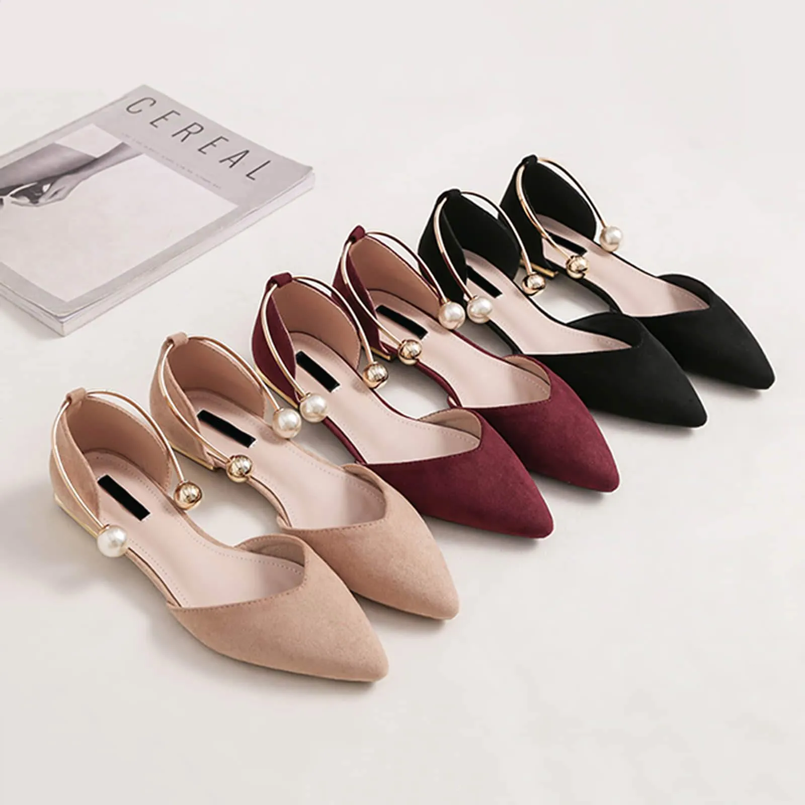 Womens Pearl Buckle Pointed Toe Flat Shoes