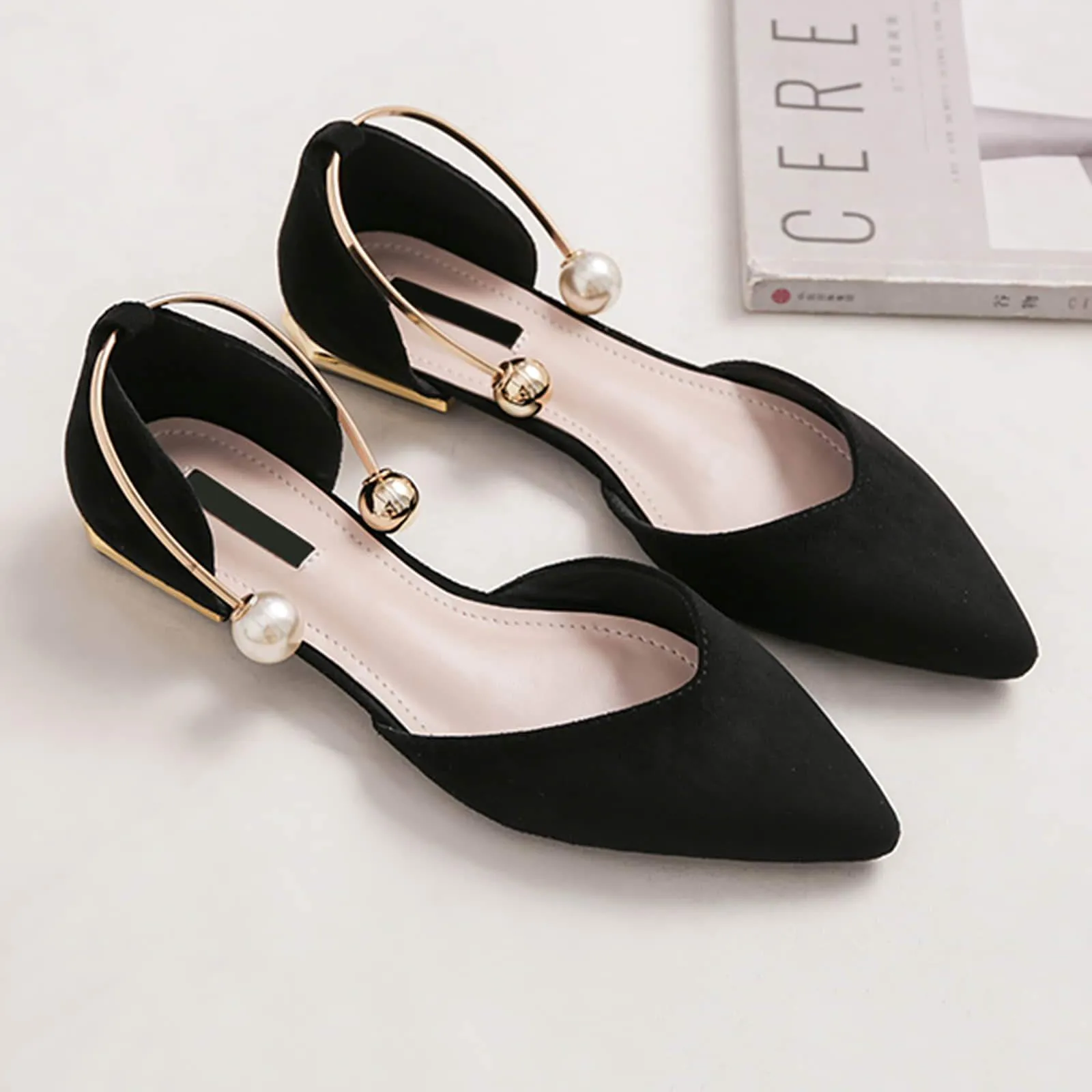 Womens Pearl Buckle Pointed Toe Flat Shoes