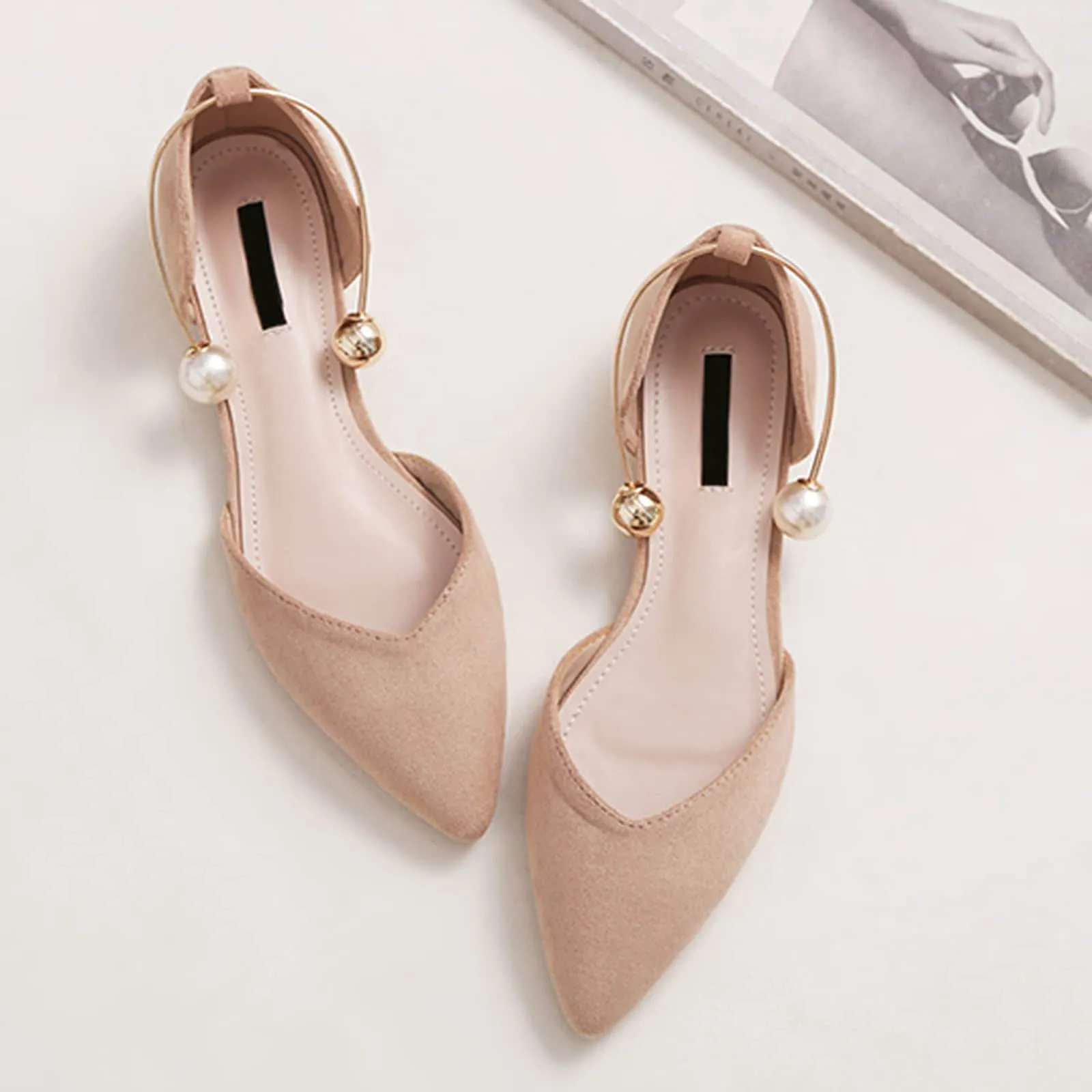 Womens Pearl Buckle Pointed Toe Flat Shoes
