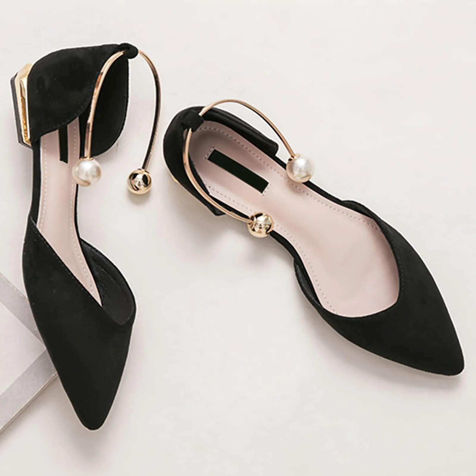 Womens Pearl Buckle Pointed Toe Flat Shoes