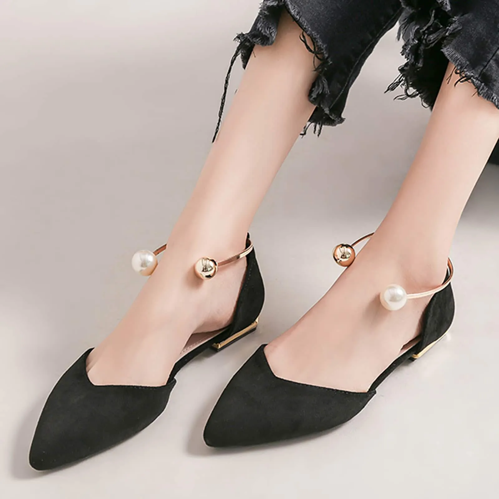 Womens Pearl Buckle Pointed Toe Flat Shoes
