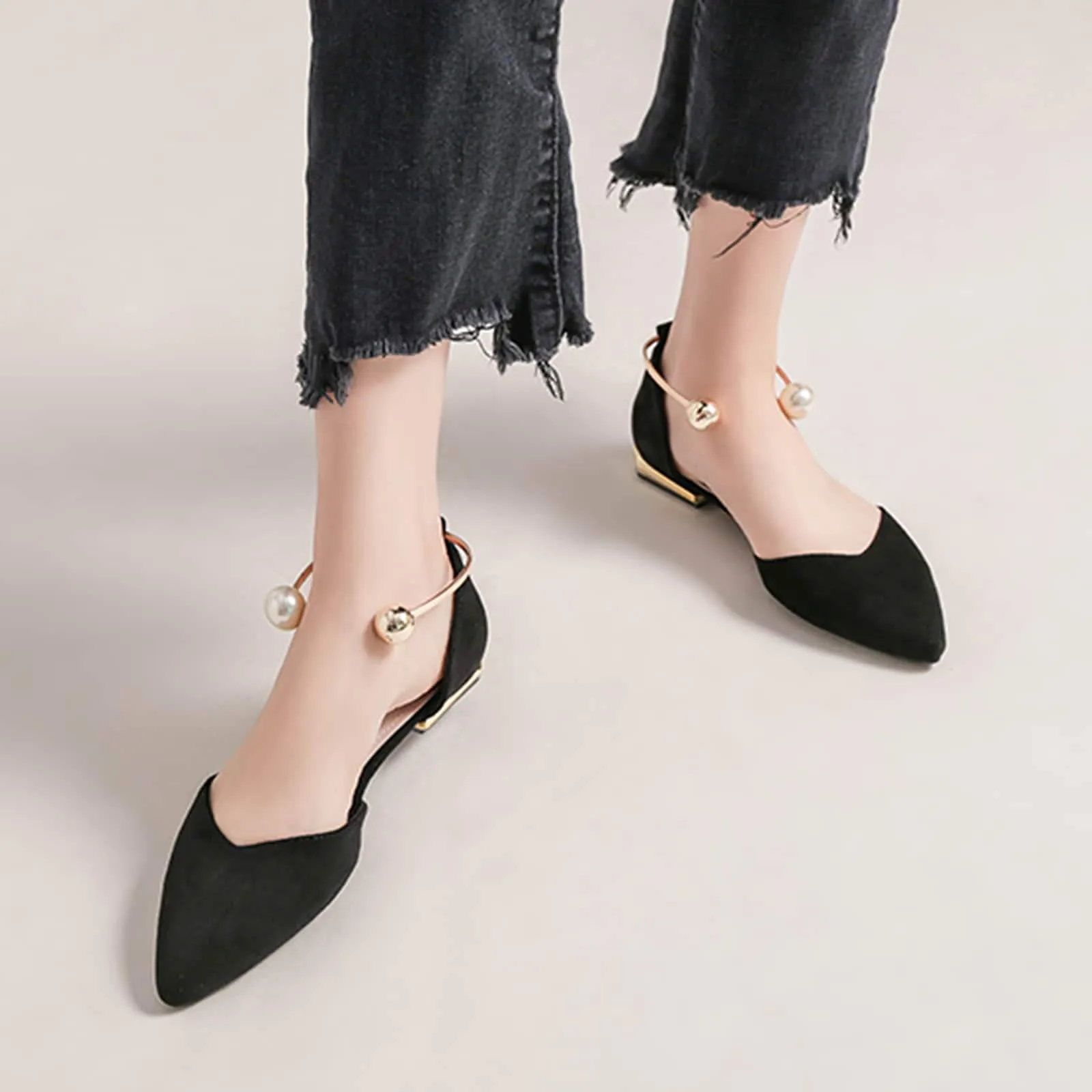 Womens Pearl Buckle Pointed Toe Flat Shoes