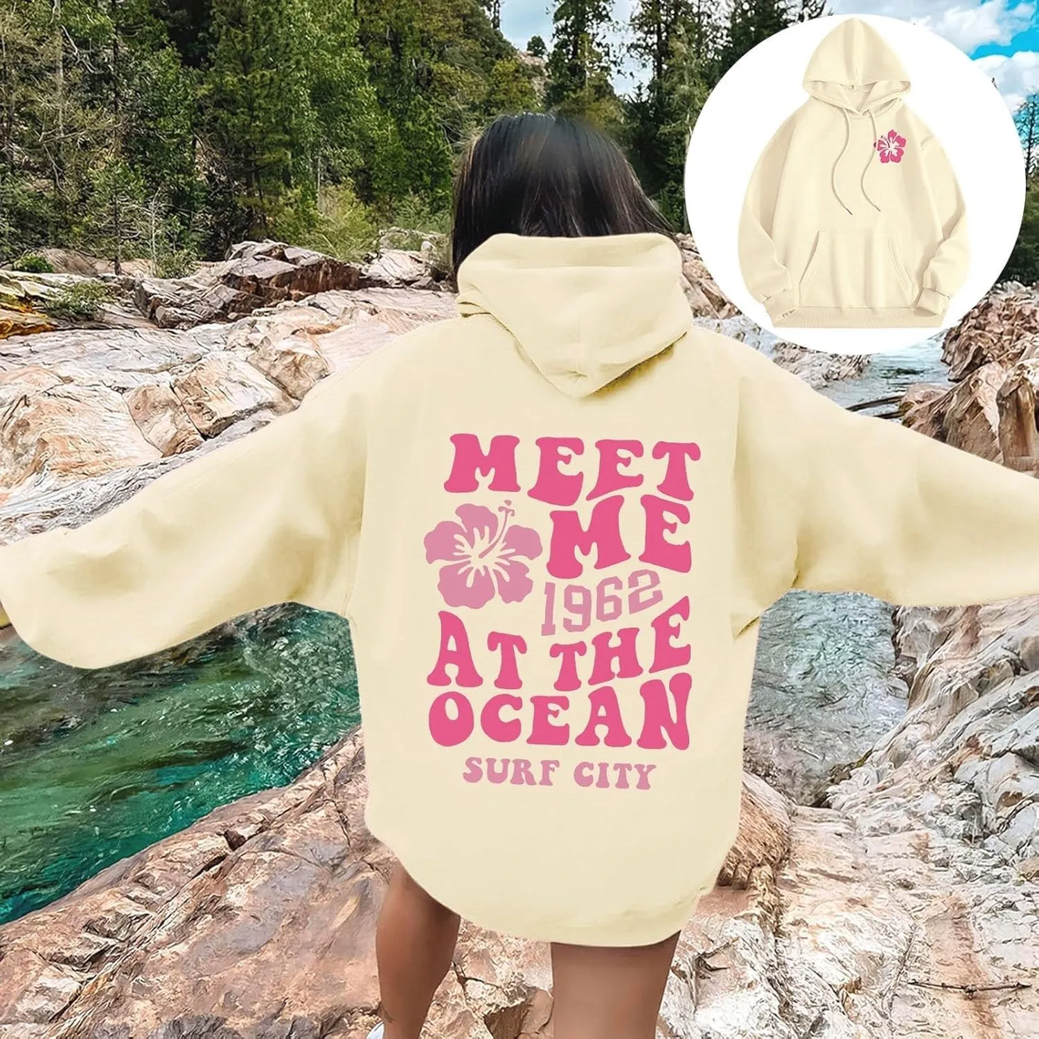 Women's Plain Basics Hoodies Oversized Brushed Letters Loose Fit Hooded Sweatshirts Long Sleeves Pockets