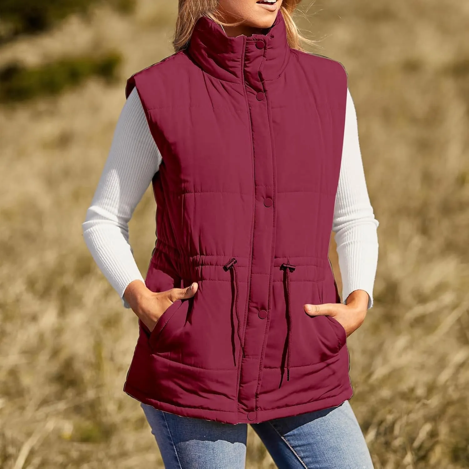 Women's Quilted Puffer Vest Casual Sleeveless Stand Collar Button Fall Trendy Warm Outerwear Down Jackets Winter Coat