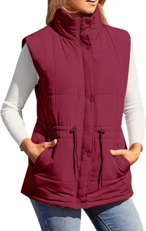 Women's Quilted Puffer Vest Casual Sleeveless Stand Collar Button Fall Trendy Warm Outerwear Down Jackets Winter Coat
