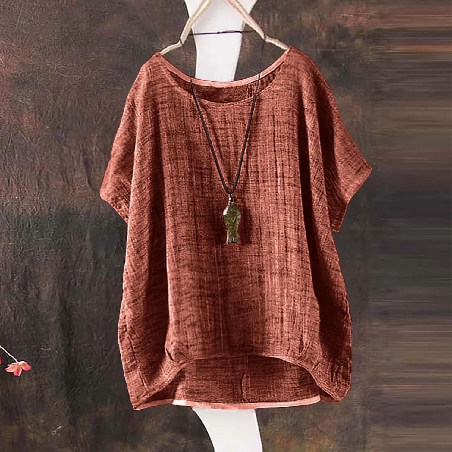 Womens Short Sleeve Cotton Linen Shirts Causal V-Neck Batwing Oversized T-Shirt Solid Color Loose Summer Tops