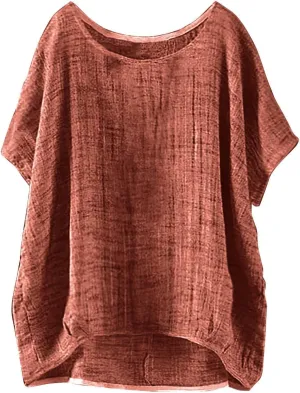 Womens Short Sleeve Cotton Linen Shirts Causal V-Neck Batwing Oversized T-Shirt Solid Color Loose Summer Tops