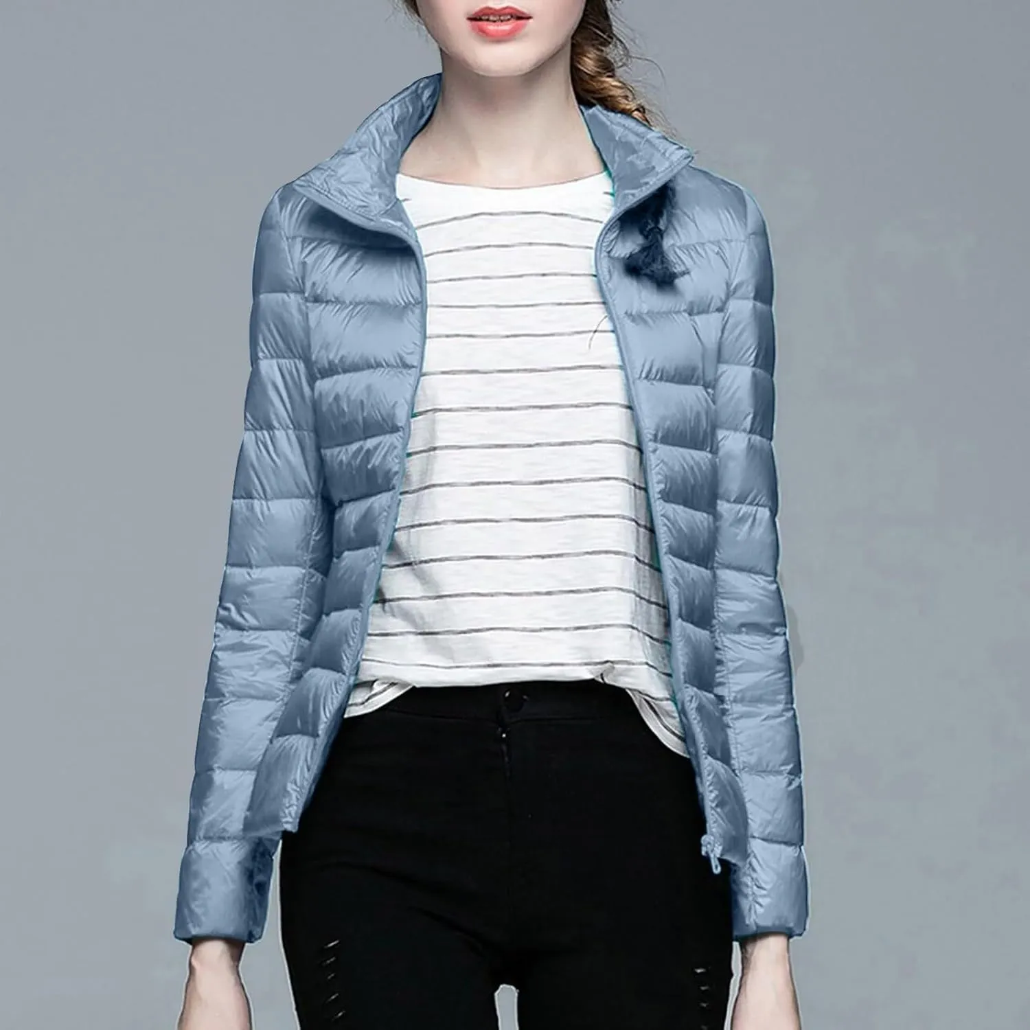 Women's Solid Color Standing Collar Hatless Ultra Light Down Jacket Top (With Storage Bag) Shirts for Women