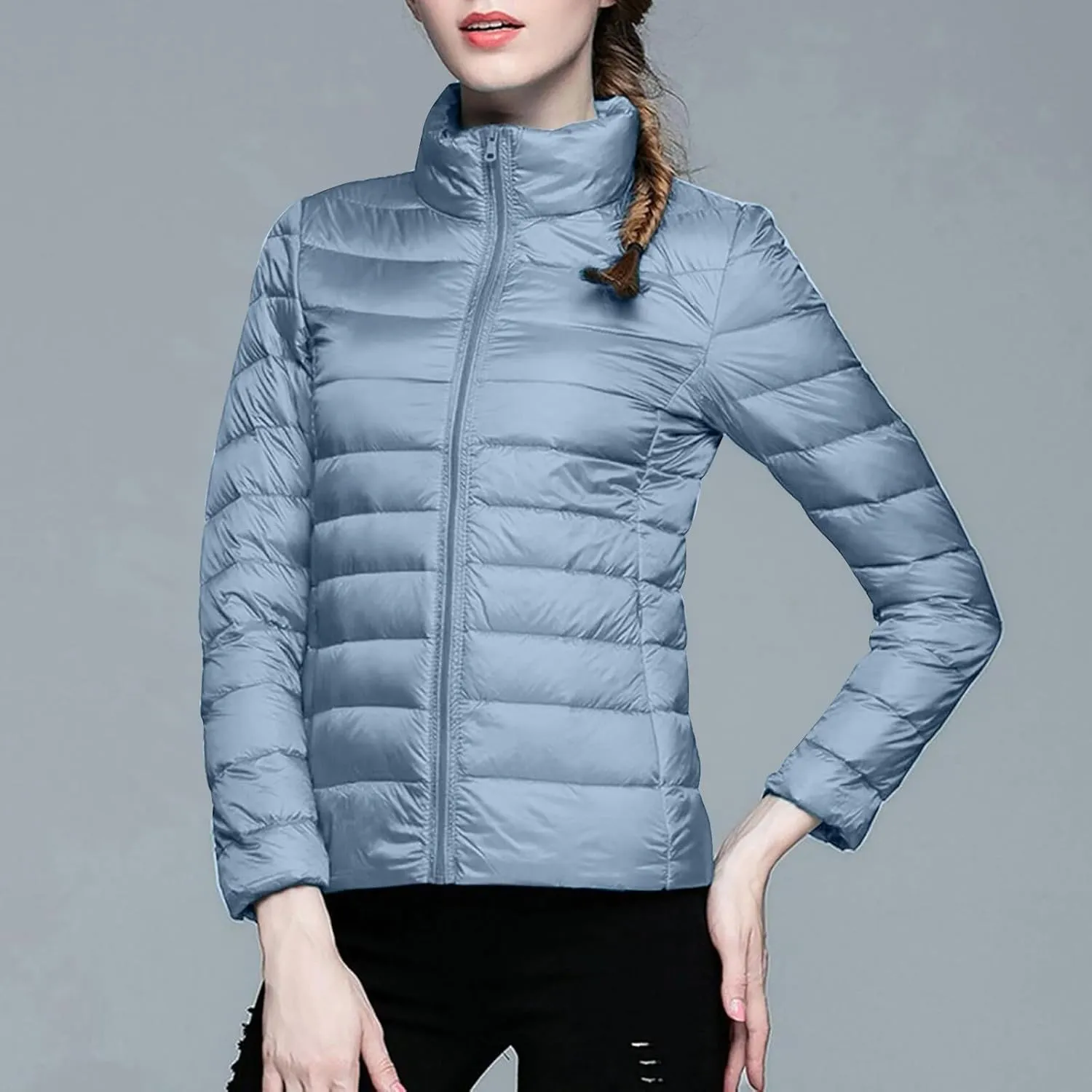 Women's Solid Color Standing Collar Hatless Ultra Light Down Jacket Top (With Storage Bag) Shirts for Women