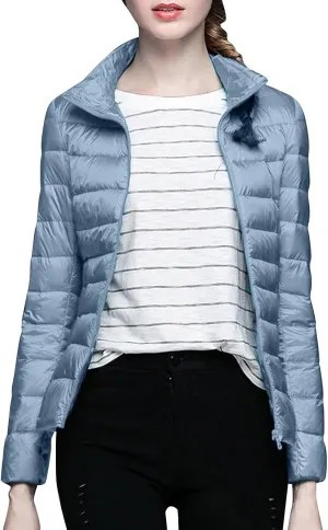 Women's Solid Color Standing Collar Hatless Ultra Light Down Jacket Top (With Storage Bag) Shirts for Women