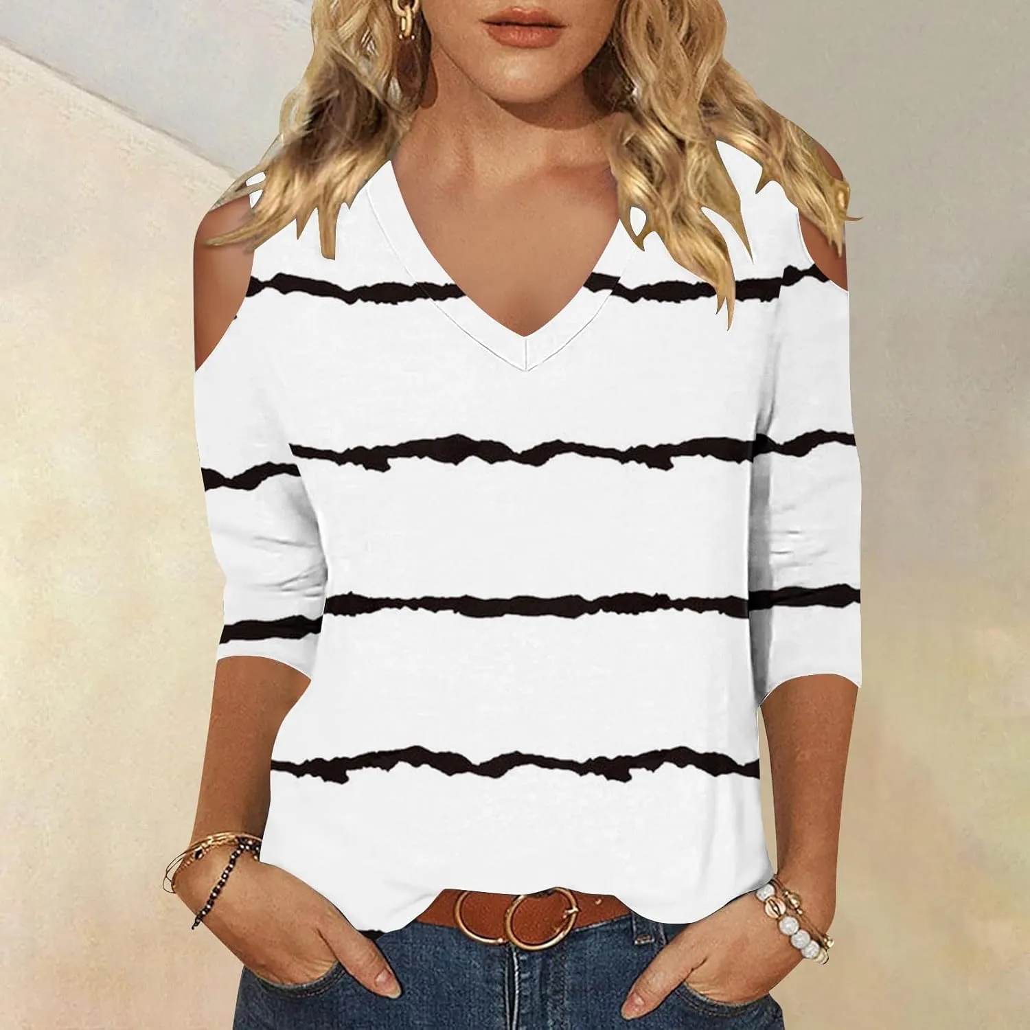 Womens Tops 3/4 Length Sleeves V Neck Cold Shoulder Shirts Trendy Striped Summer Blouse Ladies Workout Going Out Tees