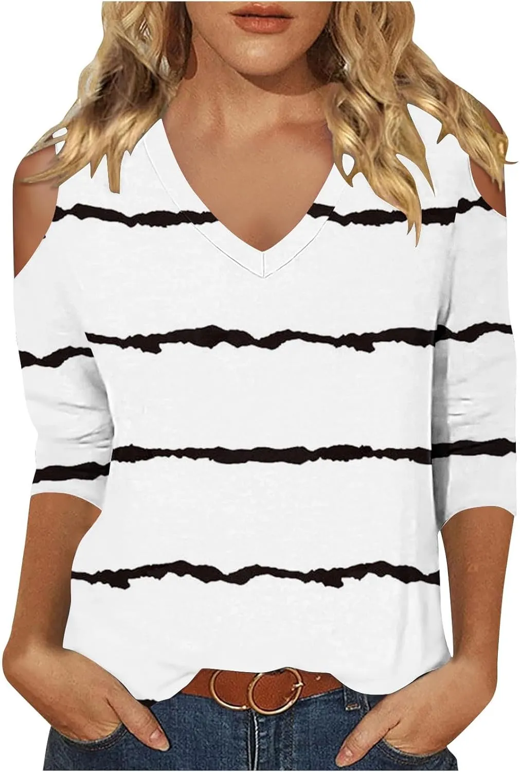 Womens Tops 3/4 Length Sleeves V Neck Cold Shoulder Shirts Trendy Striped Summer Blouse Ladies Workout Going Out Tees