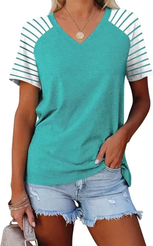 Womens Tops Summer Short Sleeve Shirts Raglan Striped T-Shirts