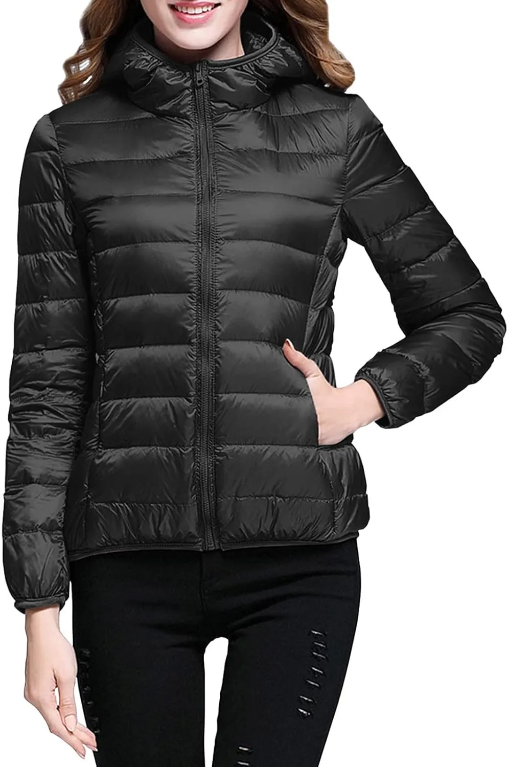 Womens Winter Lightweight Packable Puffer Coats Slim Fit Windproof Quilted Hooded Down Jackets Outerwear with Pockets