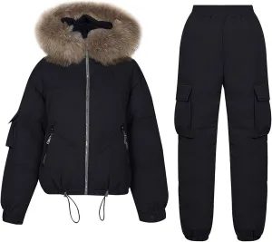 Women's Winter Outfits Thickened Warm Puffer Jackets Cotton Cargo Pants Two Piece Sets Outdoor Snow Hooded Down Coats