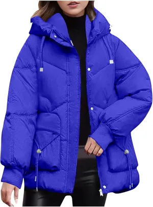 Womens Winter Padded Jacket Casual Hooded Puffer Jackets Zip Up Quilted Warm Outerwear Plain Down Coats