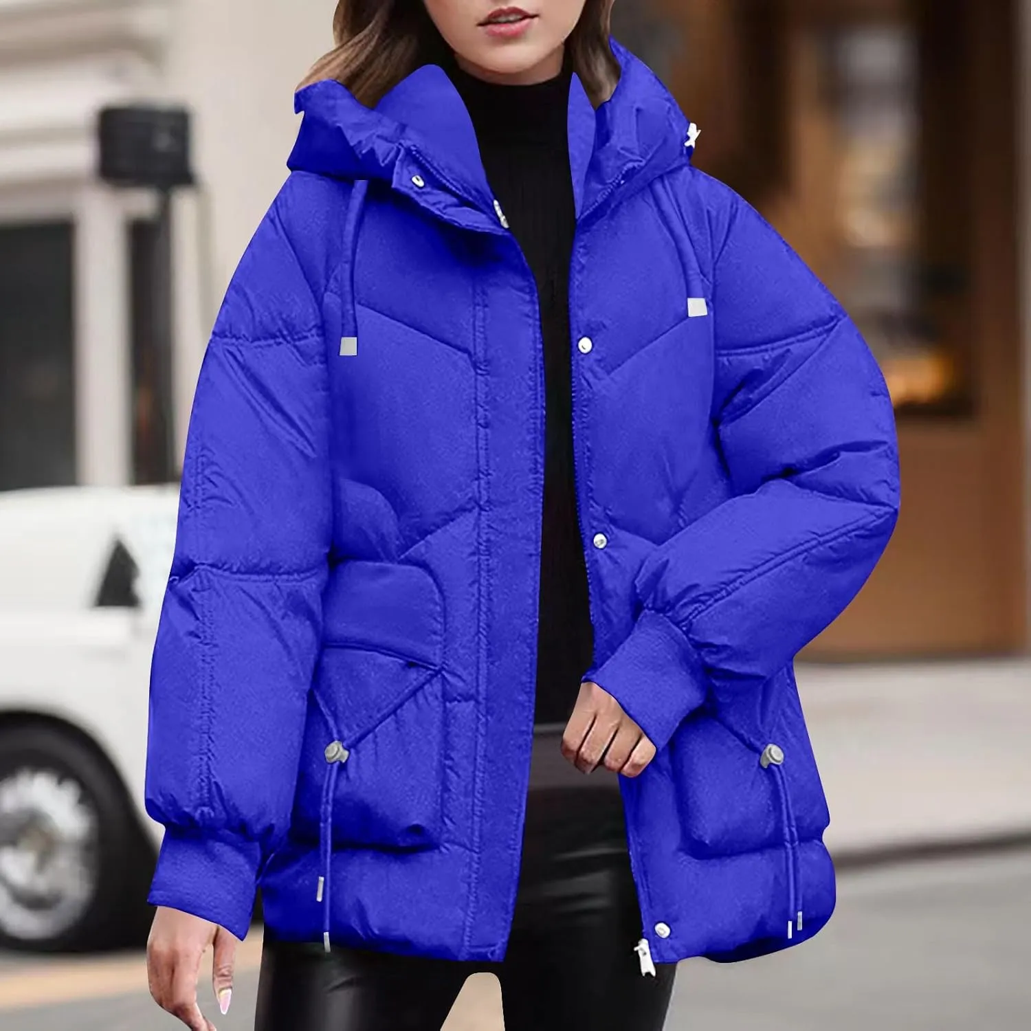 Womens Winter Padded Jacket Casual Hooded Puffer Jackets Zip Up Quilted Warm Outerwear Plain Down Coats