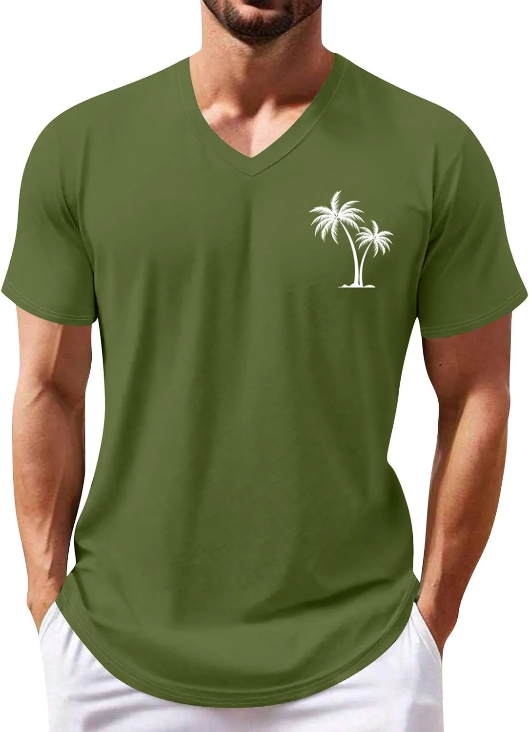 Ymosrh Men's Summer Beach Tee Shirts Short Sleeve Palm Tree T-Shirts Casual V Neck Tee Top Undershirts, S-3XL