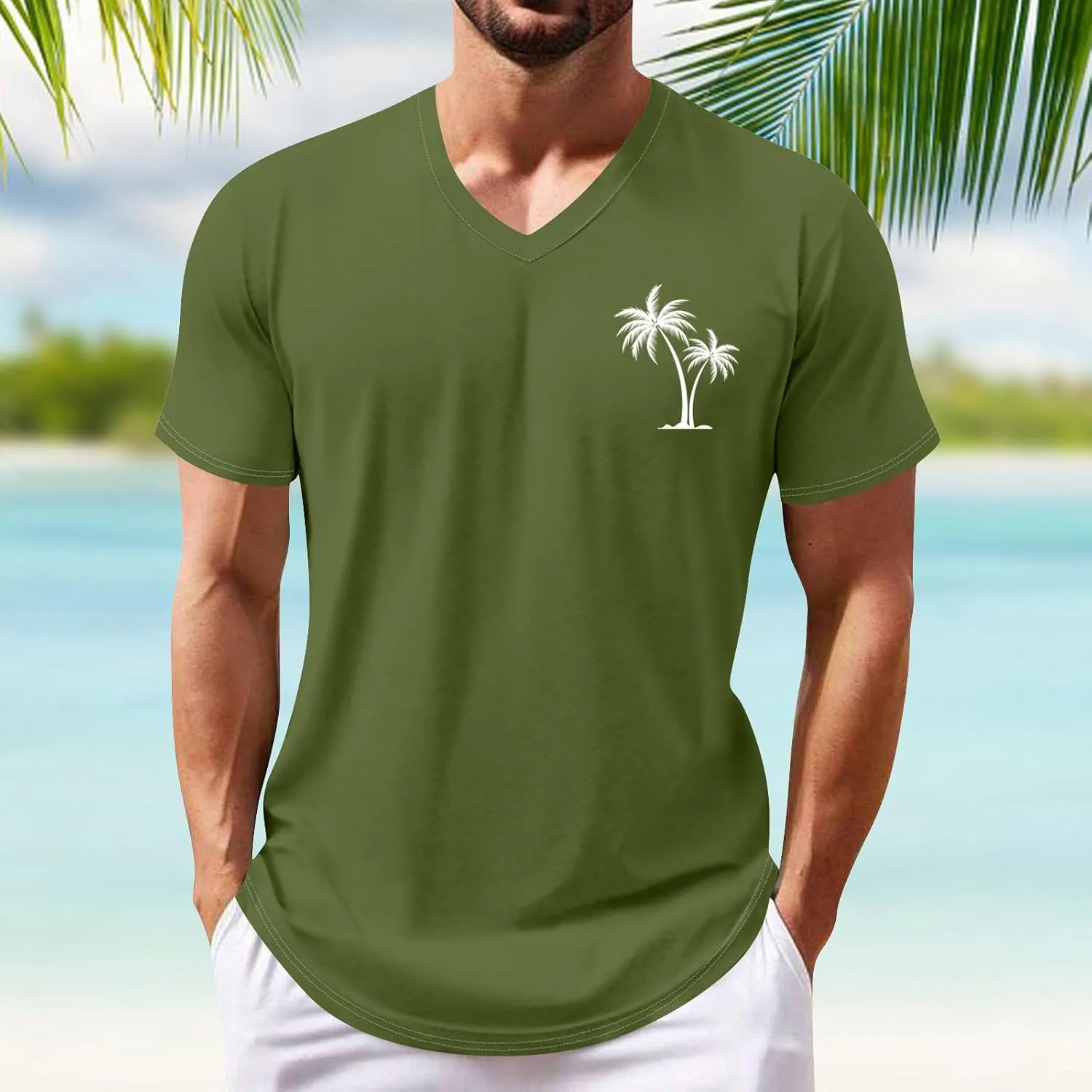 Ymosrh Men's Summer Beach Tee Shirts Short Sleeve Palm Tree T-Shirts Casual V Neck Tee Top Undershirts, S-3XL