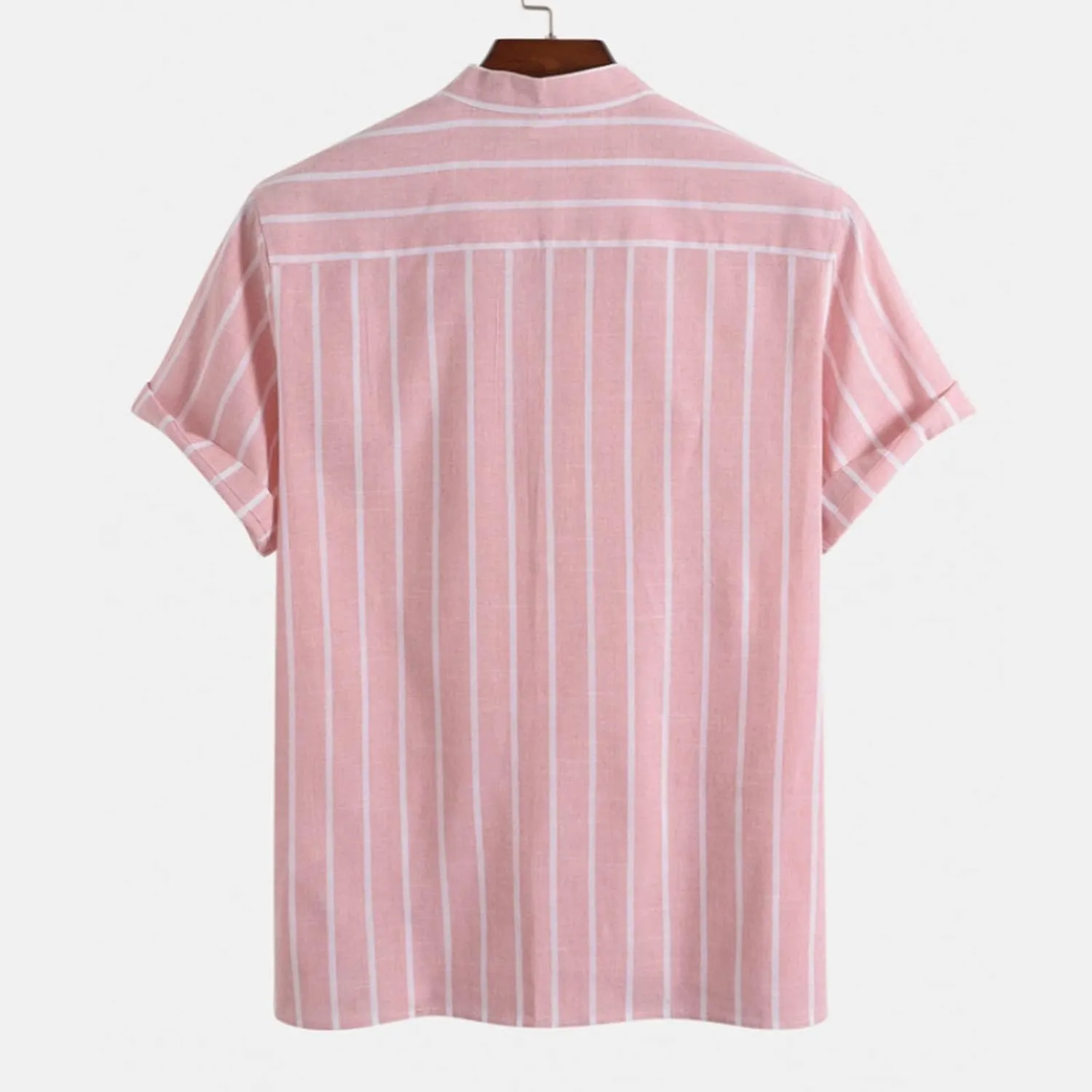 Zeiyignr Men's Cotton Linen Henley Shirt Band Collar Short Sleeve Casual Striped T-Shirt Summer Beach Hippie Henley Tee Shirt
