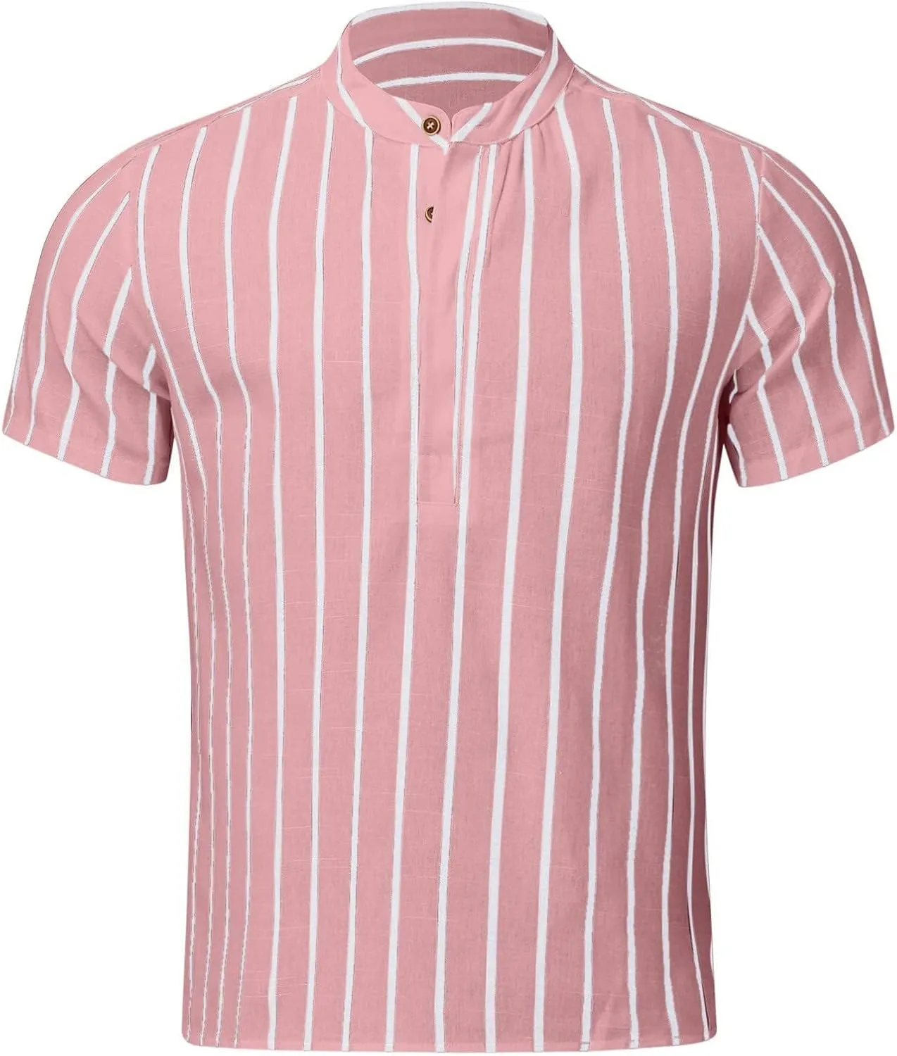 Zeiyignr Men's Cotton Linen Henley Shirt Band Collar Short Sleeve Casual Striped T-Shirt Summer Beach Hippie Henley Tee Shirt