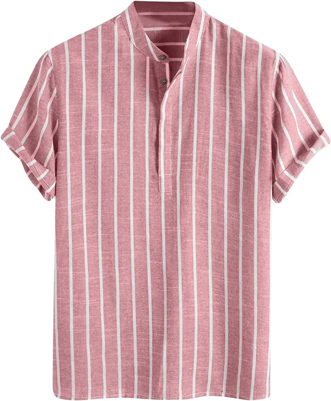 Zeiyignr Men's Cotton Linen Henley Shirt Band Collar Short Sleeve Casual Striped T-Shirt Summer Beach Hippie Henley Tee Shirt