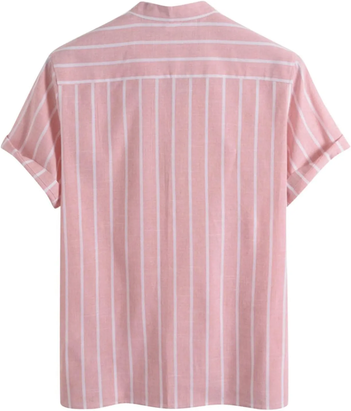 Zeiyignr Men's Cotton Linen Henley Shirt Band Collar Short Sleeve Casual Striped T-Shirt Summer Beach Hippie Henley Tee Shirt