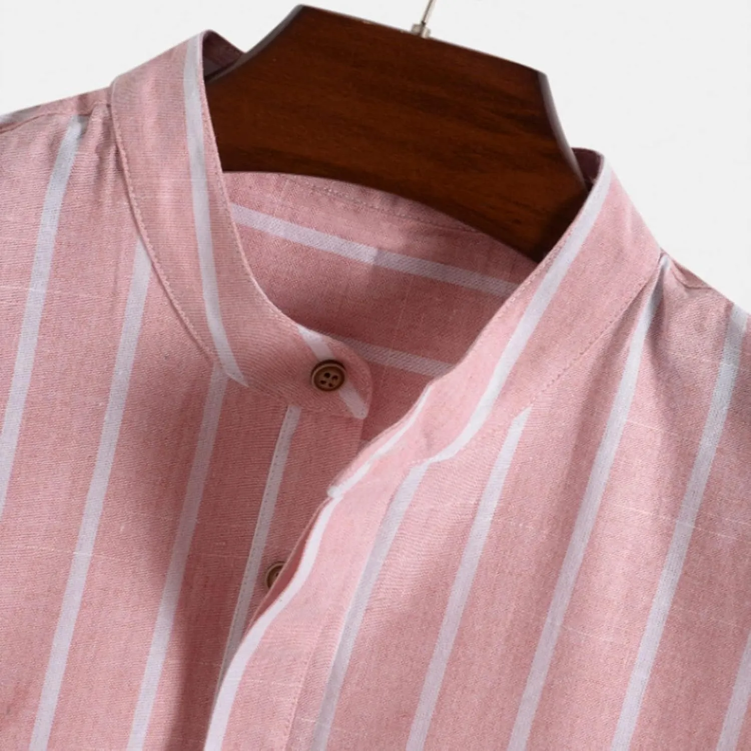 Zeiyignr Men's Cotton Linen Henley Shirt Band Collar Short Sleeve Casual Striped T-Shirt Summer Beach Hippie Henley Tee Shirt