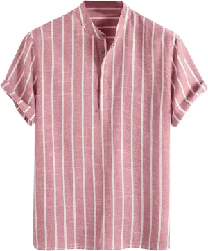 Zeiyignr Men's Cotton Linen Henley Shirt Band Collar Short Sleeve Casual Striped T-Shirt Summer Beach Hippie Henley Tee Shirt