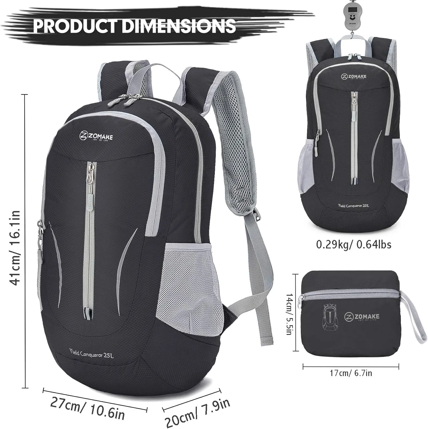 ZOMAKE Ultra Lightweight Packable Backpack 25L, Foldable Hiking Backpacks Water Resistant Small Folding Daypack for Travel(Black)