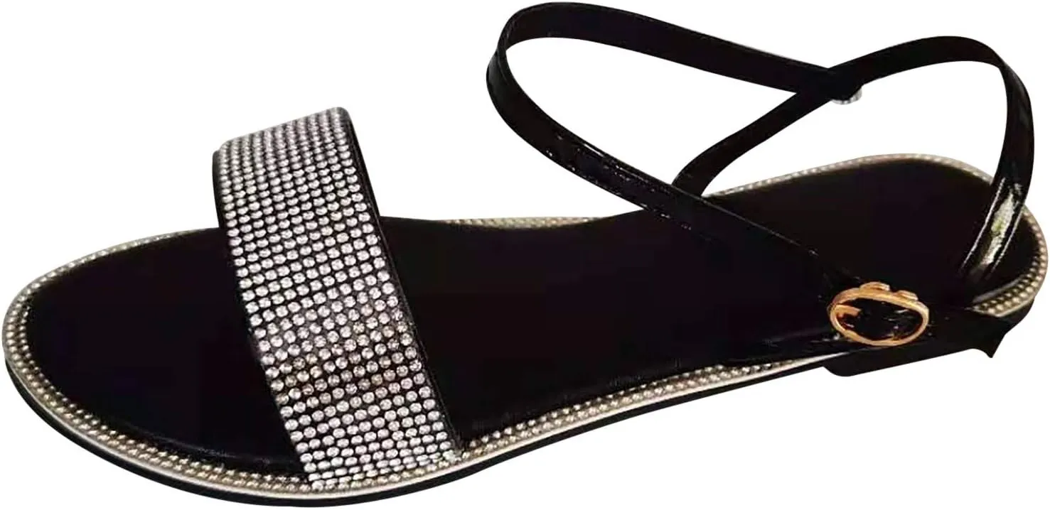 ZSpzx Summer Sandals For Women 2025,Women's Flat Sandals,Sparkly Rhinestone Strappy Bridal Wedding Dress Fashion Ankle Strap Casual Open Toe Slip on Beach Prom Party Work Comfortable Dressy Shoes