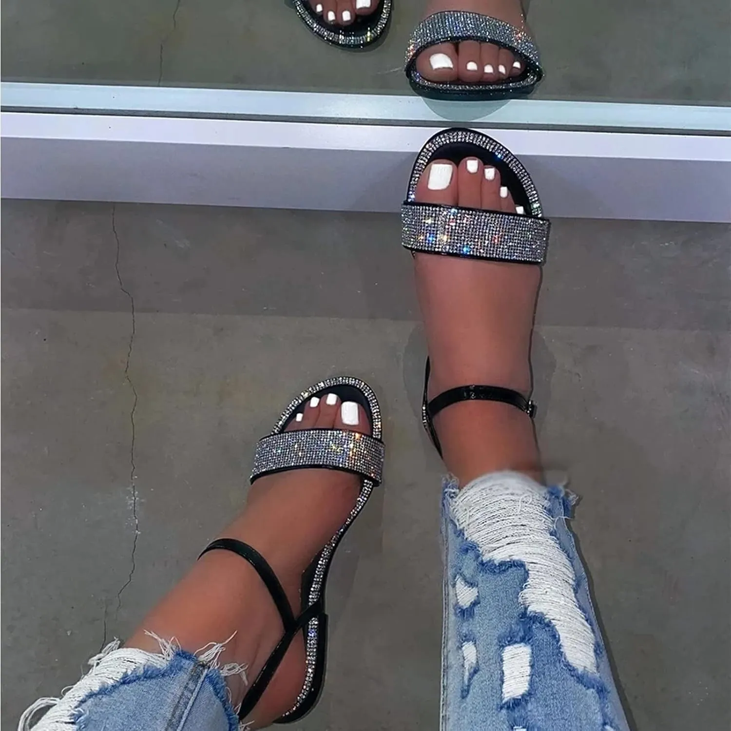 ZSpzx Summer Sandals For Women 2025,Women's Flat Sandals,Sparkly Rhinestone Strappy Bridal Wedding Dress Fashion Ankle Strap Casual Open Toe Slip on Beach Prom Party Work Comfortable Dressy Shoes