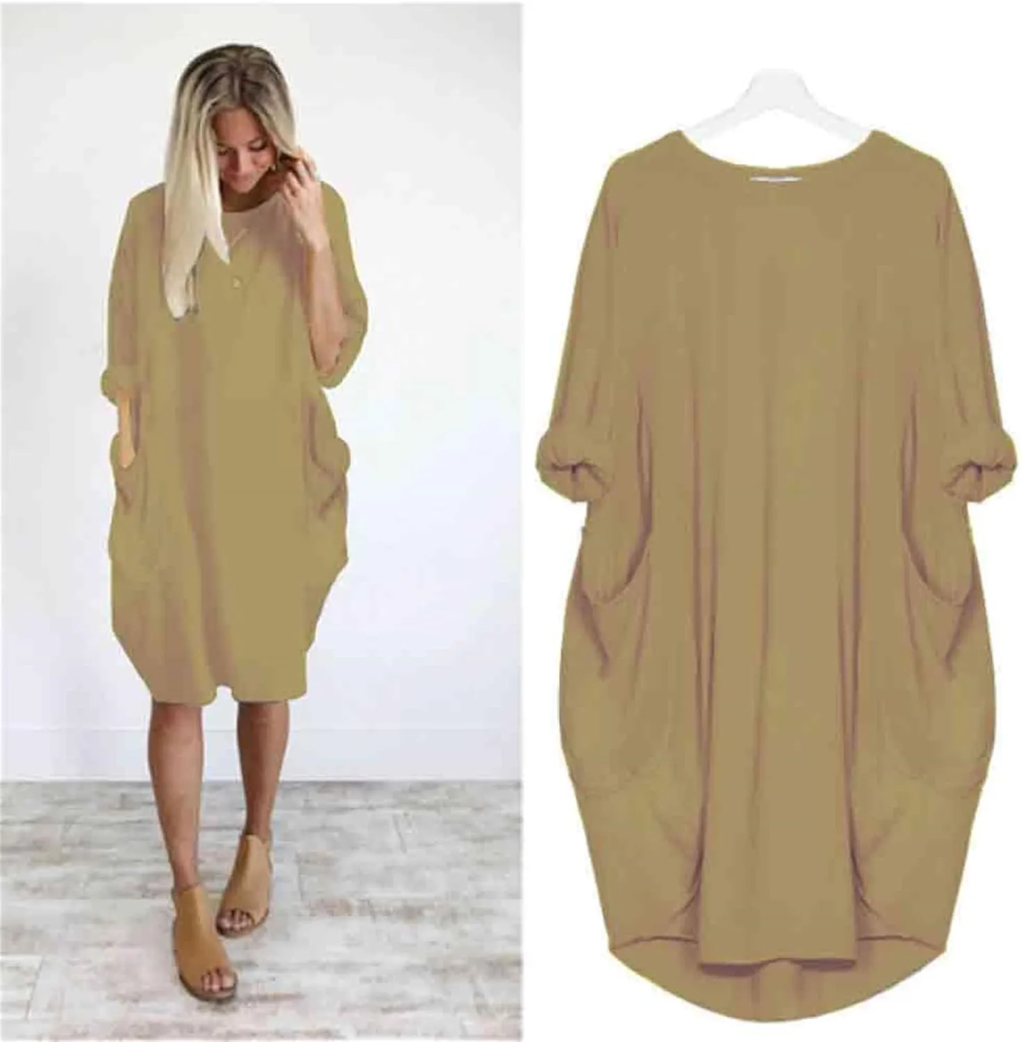 ZWRXW Womens Oversized Tunic Dress Casual Roll-Up Sleeve Baggy T Shirt Dress Loose Plus Size Party Midi Dresses with Pockets