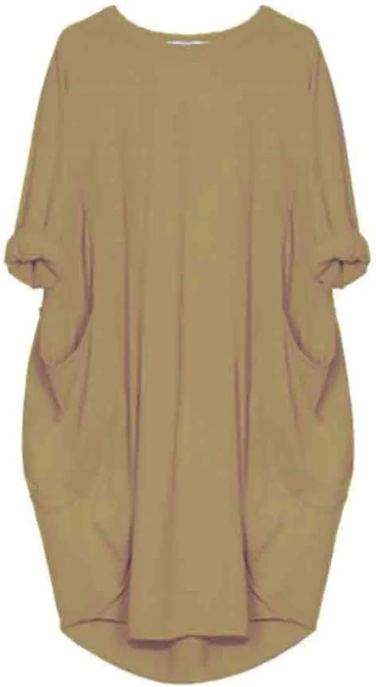 ZWRXW Womens Oversized Tunic Dress Casual Roll-Up Sleeve Baggy T Shirt Dress Loose Plus Size Party Midi Dresses with Pockets